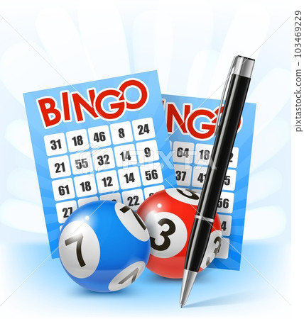 Bingo lottery balls and tickets. Gamble bet, lotto fortune, casino chance or game opportunity realistic vector background. Gambling lottery jackpot realistic concept with pen, bingo balls and tickets 103469229