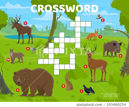 Crossword quiz game grid. Cartoon hunting forest animals and birds. Educational vector worksheet for children with turkey, duck, boar and goose, bear, deer, fox, hare, elk and lynx in summertime wood Crossword quiz game grid. Cartoon hunting forest animals and birds. Educational vector worksheet for children with turkey, duck, boar and goose, bear, deer, fox, hare, elk and lynx in summertime wood 103469254