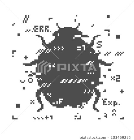 Glitch bug. Software malware, program hack or virus attack vector concept with pixel bug or insect symbol. Cyber security, hacking threat and code fail, Internet data protection background Glitch bug. Software malware, program hack or virus attack vector concept with pixel bug or insect symbol. Cyber security, hacking threat and code fail, Internet data protection background 103469255