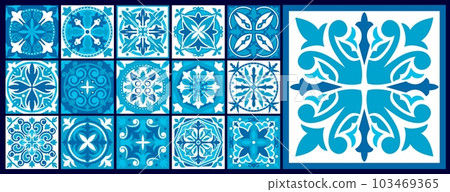 Moroccan and azulejo tile patterns. Majolica, talavera, damask ornament. Mediterranean ethnic wallpaper or Moroccan mosaic vector backdrop, ceramic tile, textile azulejo pattern, floor or wall decor 103469365