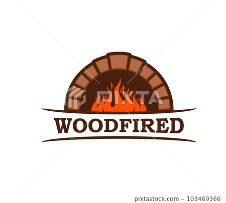 Fireplace, firewood chimney and hearth icon with fire flames on wood, vector hot oven furnace symbol. Pizza, food restaurant or grill bar and bakery sign of fireplace and firewood with chimney 103469366