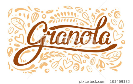 Granola. Cereal food label or doodle background. Natural food, organic farm product vector banner or granola backdrop with plants leaves, nuts and cereal ears hand drawn symbols 103469383