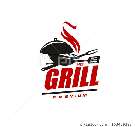 Bbq grill icon, isolated vector emblem for barbecue party celebration. Black and red label with cast-iron cauldron with grate, fire, spatula and fork. Sign for cooking event, picnic on nature, food 103469385