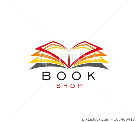 Book shop icon, library store or bookstore vector symbol of open pages. Education, knowledge or school and university literature library and bookstore sign of dictionary for ebook app 103469418