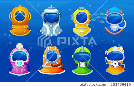 Cartoon diver helmets or underwater aqualung masks, vector photo booth or video chat effects. Scuba diving retro aqualung helmets of diver for app face effect or photobooth frame in mobile app 103469419
