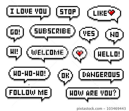 Pixel speech bubble messages. Like, subscribe, follow social media web interface buttons or banners, 8bit game arcade GUI speech bubble or dialogue balloon pixelated vector icons or pictograms set 103469443