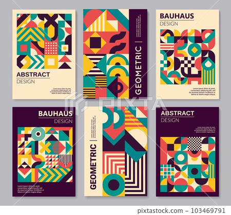 Geometric Bauhaus posters and abstract patterns. Artwork modernism composition on corporate identity posters, business presentation page vector template with Bauhaus geometrical shapes or pattern 103469791
