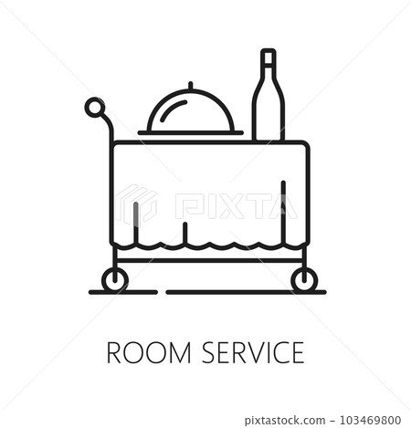 Hotel room service trolley isolated thin line icon. Vector gourmet dinner with cloche and drink in bottle, restaurant food snack, lunch order in motel 103469800