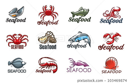 Seafood icon with vector fish, shrimp, lobster and crab. Sea food oyster, octopus, squid and prawn, mussel, clam and ocean scallop, salmon, perch and flounder isolated symbols of seafood restaurant 103469874