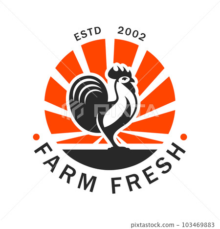 Agriculture and farm rooster icon. Livestock agriculture symbol, domestic bird farm or poultry meat production company, food market or grocery store retro vector emblem or sign with rooster, sun rays 103469883