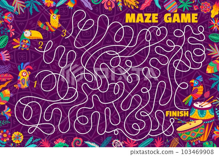 Labyrinth maze game help parrot find his friends. Kids vector worksheet, boardgame puzzle with tangled path and cartoon tropical birds alebrije characters. Educational children riddle quiz Labyrinth maze game help parrot find his friends. Kids vector worksheet, boardgame puzzle with tangled path and cartoon tropical birds alebrije characters. Educational children riddle quiz 103469908