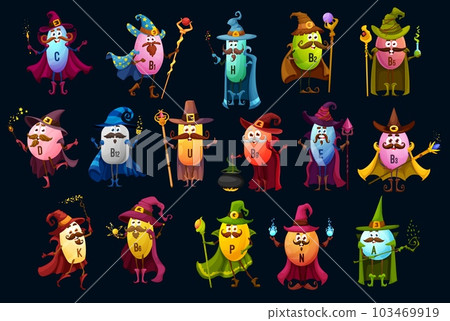 Cartoon vitamin wizards, mages and sorcerers characters. Vector B5, U and C, B12 and E. P, N, B1, A and H with D, K and B6 magician personages wear witch hat, cape, holding wands or staff 103469919