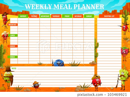 Weekly meal planner, Wild West ranger, cowboy and bandit berry characters, vector food plan. Eating organizer of weekly diet schedule with cartoon blueberry cowboy, gooseberry sheriff and cranberry Weekly meal planner, Wild West ranger, cowboy and bandit berry characters, vector food plan. Eating organizer of weekly diet schedule with cartoon blueberry cowboy, gooseberry sheriff and cranberry 103469921