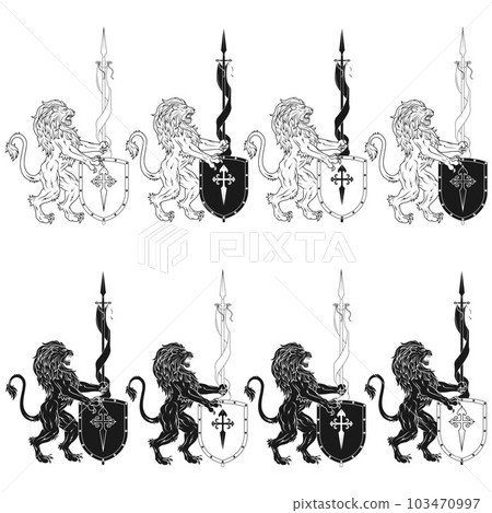 Vector design of lion with pennant and shield 103470997