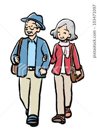 Illustration of a senior couple walking arm in arm 103471097
