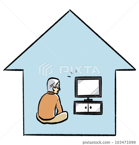 A hand-drawn illustration of a grandpa watching TV at home 103471099
