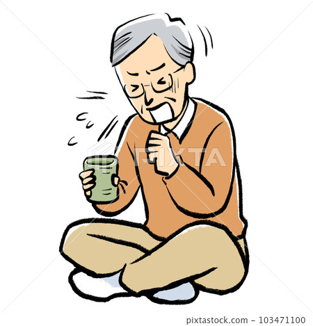 喝水堵住喉嚨的爺爺手繪插畫 103471100
