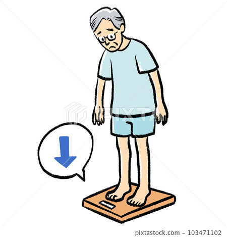 Handwritten style illustration of a grandpa who loses weight and is depressed 103471102