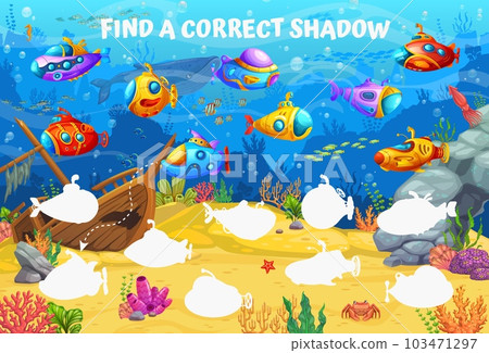 Cartoon underwater landscape with submarine and bathyscaphe. Find a correct shadows kids game quiz. Vector puzzle worksheet of matching underwater ship and boat silhouettes, sea water fish, animals 103471297