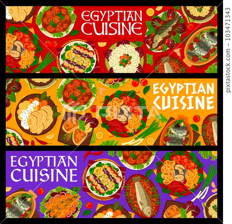 Egyptian cuisine food banners. Rice and noodles, fried swordfish with vegetables and stuffed mackerel, fish kebab, fish with sesame paste and sardine patties, baked bass and trout, mackerel with dates Egyptian cuisine food banners. Rice and noodles, fried swordfish with vegetables and stuffed mackerel, fish kebab, fish with sesame paste and sardine patties, baked bass and trout, mackerel with dates 103471343