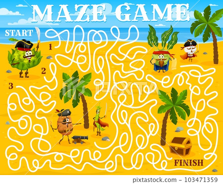 Labyrinth maze, help cartoon vegetable pirates and corsairs find treasure chest, vector worksheet. Kids labyrinth maze quiz to find way for potato pirate or mushroom captain and bean corsair 103471359
