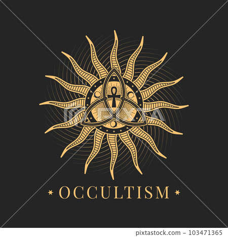 Occultism and magic, esoteric astrology icon. Triquetra, ankh, moon crescent and sun rays symbols, tarot magic sign. Witchcraft circle icon, mason tattoo or occult emblem, alchemy esoteric seal Occultism and magic, esoteric astrology icon. Triquetra, ankh, moon crescent and sun rays symbols, tarot magic sign. Witchcraft circle icon, mason tattoo or occult emblem, alchemy esoteric seal 103471365