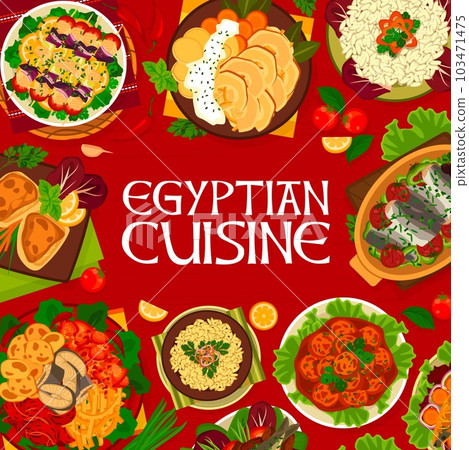 Egyptian cuisine restaurant menu cover. Mackerel with dates, fish kebabs and baked bass, stuffed mackerel, oven baked trout and fried swordfish, sardine patties, fish with apples and rice with noodles Egyptian cuisine restaurant menu cover. Mackerel with dates, fish kebabs and baked bass, stuffed mackerel, oven baked trout and fried swordfish, sardine patties, fish with apples and rice with noodles 103471475