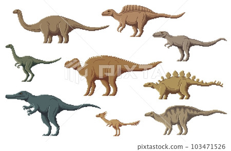 Pixel dinosaur characters. 8 bit pixel art game dino animals. Ouranosaurus, Probactrosaurus, Suchomimus and Alectrosaurus, Alvarezsaurus, Aralosaurus prehistoric reptiles, vector pixel dinosaurs Pixel dinosaur characters. 8 bit pixel art game dino animals. Ouranosaurus, Probactrosaurus, Suchomimus and Alectrosaurus, Alvarezsaurus, Aralosaurus prehistoric reptiles, vector pixel dinosaurs 103471526