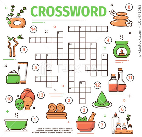 Spa and face beauty, skin health care crossword grid worksheet, find a word quiz. Vector riddle with bathtub, towels, pestle, candle or cream. Cosmetics, mortar, pebbles and bamboo with mask or jar 103471562