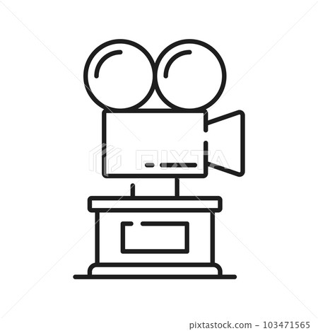 Cinema award, retro camera trophy line icon, best actor or actress vector prize. Movie and cinematography victory ceremony award for best film or movie, vintage camera projector on pedestal line icon 103471565