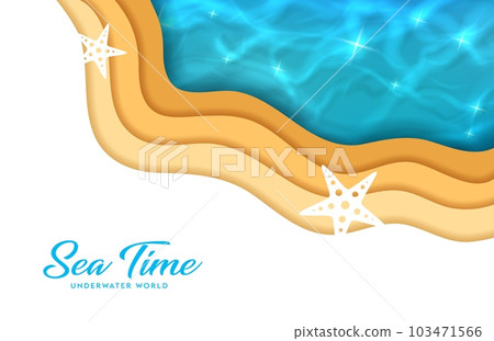Sea wave paper cut banner, beach with starfish on sand, vector papercut background. Sea or ocean underwater world, undersea adventure banner with paper cutout layers of beach sand and water waves 103471566