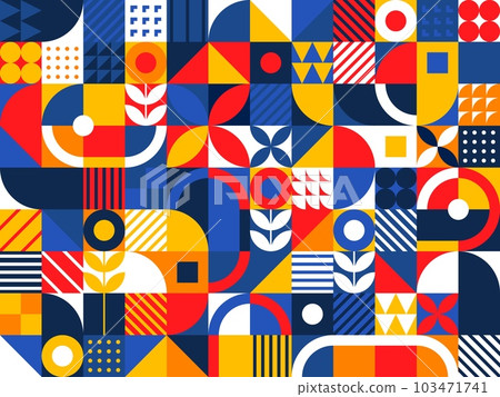 Bauhaus modern geometric pattern with vector color shapes. Abstract background of squares, circles, triangles and round lines, dots and floral elements. Bauhaus pattern for interior decor and posters 103471741