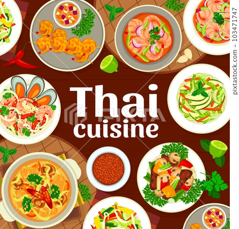 Thai cuisine menu cover page template. Battered prawns, salad with soybean sprouts and fish soup, beef and vegetable stir fry, Panang curry, seafood shrimp and vegetable and fruit salads Thai cuisine menu cover page template. Battered prawns, salad with soybean sprouts and fish soup, beef and vegetable stir fry, Panang curry, seafood shrimp and vegetable and fruit salads 103471747