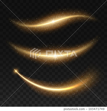 Golden stardust and glitters. Festive golden effect, luxury twinkling curve or glamorous sparkling 3d vector strokes. Flowing glowing realistic wave or stardust isolated lines with glitter particles Golden stardust and glitters. Festive golden effect, luxury twinkling curve or glamorous sparkling 3d vector strokes. Flowing glowing realistic wave or stardust isolated lines with glitter particles 103471749