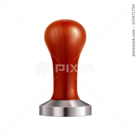 Realistic coffee tamper. Coffeeshop professional barista equipment or 3d realistic vector accessory for coffee powder taming. Isolated metallic tamper tool with wooden handle Realistic coffee tamper. Coffeeshop professional barista equipment or 3d realistic vector accessory for coffee powder taming. Isolated metallic tamper tool with wooden handle 103471750