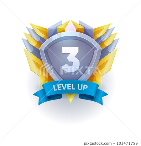 Game level up badge and win icon, shield banner of completed level, vector UI sign. 3 level up icon with silver shield on wings and blue ribbon for gamer mission completed next level achievement 103471759