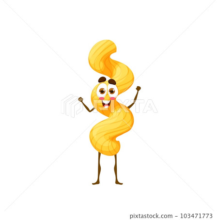 Cartoon cavatappi pasta character. Isolated vector comic noodle dish personage with happy smile on face. Lively Italian cuisine emoticon for restaurant menu, cook book recipe, kids book or game 103471773