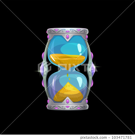 Magic sand glass clock. Isolated sandglass, hourglass, vector timer of game ui assets. Cartoon hourglass with flowing gold sand, silver stand and gems. Fantasy countdown timer, vintage sandglass watch 103471781
