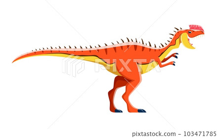 Cartoon Monolophosaurus dinosaur character of Jurassic dino, vector funny reptile. Kid comic toy dinosaur, Monolophosaurus dino monster for prehistoric Jurassic animal or paleontology education game 103471785