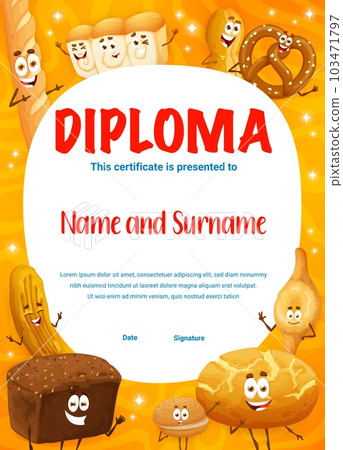 Kids diploma of the best baker. Cartoon bakery, pastry and bread characters. Child graduation vector award or diploma with baguette, shokupan, marraqueta, pretzel, barbari and rye bread personages 103471797