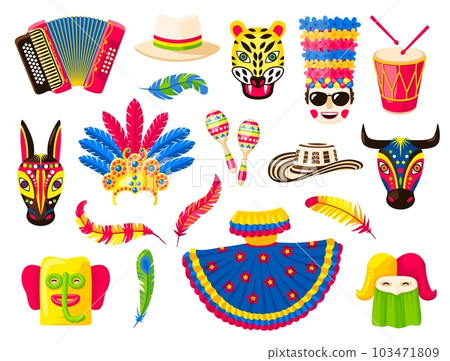 Barranquilla carnival holiday, isolated vector set of items for celebration. Animal masks, dress, costume, feather, crown, maracas, accordion, drum and hat. Traditional folk festivities cartoon icons Barranquilla carnival holiday, isolated vector set of items for celebration. Animal masks, dress, costume, feather, crown, maracas, accordion, drum and hat. Traditional folk festivities cartoon icons 103471809