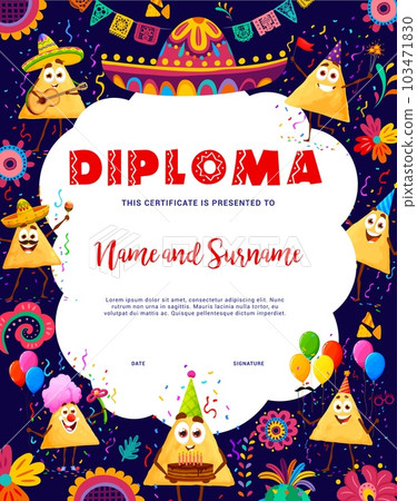 Kids birthday diploma. Mexican nachos chips characters on holiday party. Certificate or award vector template with cute personages of tortilla nachos, birthday cake and hats, sombrero, guitar, maracas Kids birthday diploma. Mexican nachos chips characters on holiday party. Certificate or award vector template with cute personages of tortilla nachos, birthday cake and hats, sombrero, guitar, maracas 103471830