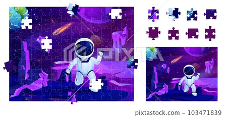 Cartoon space jigsaw puzzle game pieces. Astronaut on planet surface. Part find worksheet, block connect vector puzzle quiz with cosmonaut character in outerspace, solar system planet and meteorite 103471839