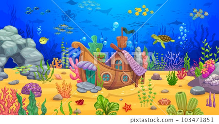 Cartoon underwater sea landscape with sunken boat and seaweeds. Wooden sail ship house building lying on the ocean bottom. Vector aquarium decor, mermaid home, fantasy boat dwelling, fairytale vessel Cartoon underwater sea landscape with sunken boat and seaweeds. Wooden sail ship house building lying on the ocean bottom. Vector aquarium decor, mermaid home, fantasy boat dwelling, fairytale vessel 103471851