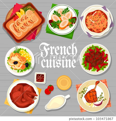 French cuisine menu cover page design. Rabbit stew, fish Sole Meuniere and chicken stewed in wine, duck confit, chicken liver and baked cod with Bechamel sauce, chicken supreme with champagne sauce French cuisine menu cover page design. Rabbit stew, fish Sole Meuniere and chicken stewed in wine, duck confit, chicken liver and baked cod with Bechamel sauce, chicken supreme with champagne sauce 103471867