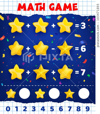 Math game worksheet, cartoon golden yellow stars, vector kids mathematical quiz. Education puzzle or math game for counting and calculation with numbers addition and subtraction with golden stars Math game worksheet, cartoon golden yellow stars, vector kids mathematical quiz. Education puzzle or math game for counting and calculation with numbers addition and subtraction with golden stars 103471893
