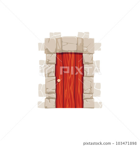 Front door with stone doorway. Isolated vector vintage cartoon medieval entrance, old dungeon entry or castle portal. Ancient door with stonework frame, majestic fairytale architecture ui element 103471898
