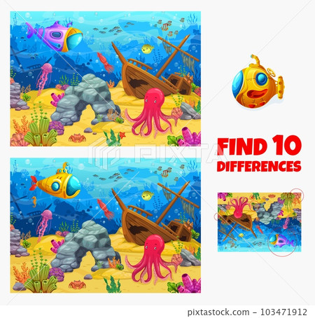Find ten differences on sea underwater landscape. Cartoon vector kids game worksheet with octopus, sunken ship, submarine and jellyfish on ocean bottom. Educational children riddle, leisure activity 103471912