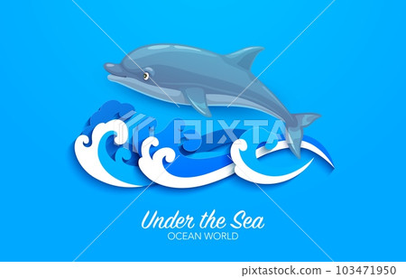 Cartoon dolphin with paper cut sea waves, ocean underwater world, vector papercut background. Undersea adventure and dolphin show banner or poster with water waves in paper cut layers Cartoon dolphin with paper cut sea waves, ocean underwater world, vector papercut background. Undersea adventure and dolphin show banner or poster with water waves in paper cut layers 103471950