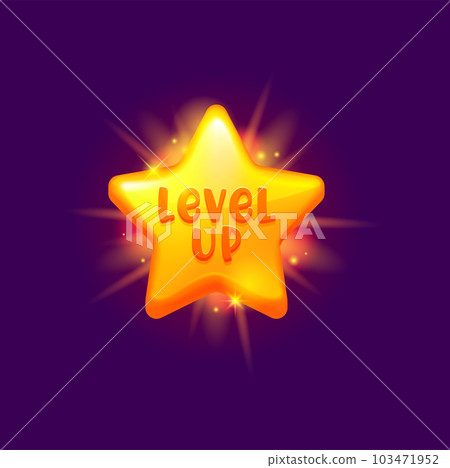 Game level up reward star, rate icon, award badge or prize trophy, vector UI asset. Level up icon of cartoon gold shine star for arcade game next level or mission completed bonus badge Game level up reward star, rate icon, award badge or prize trophy, vector UI asset. Level up icon of cartoon gold shine star for arcade game next level or mission completed bonus badge 103471952